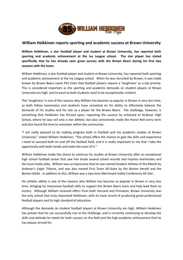 William heikkinen reports sporting and academic success at brown university