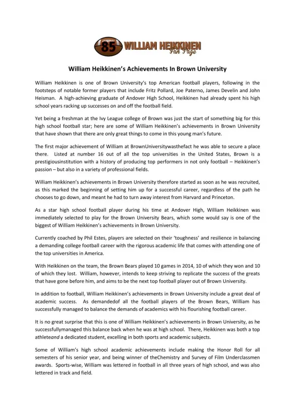 William Heikkinen’s Achievements In Brown University