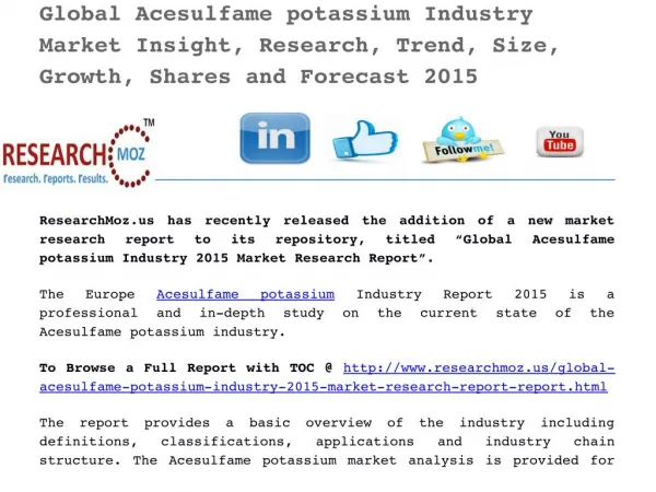 Global Acesulfame potassium Industry 2015 Market Research Report