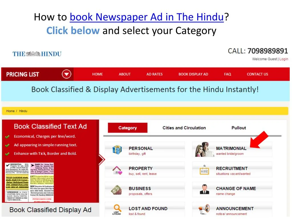 how to book newspaper ad in the hindu click below and select your category