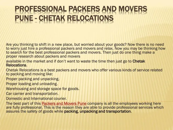 Professional Packers and Movers Pune - Chetak Relocations