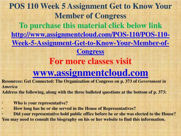 POS 110 Week 5 Assignment Get to Know Your Member of Congress
