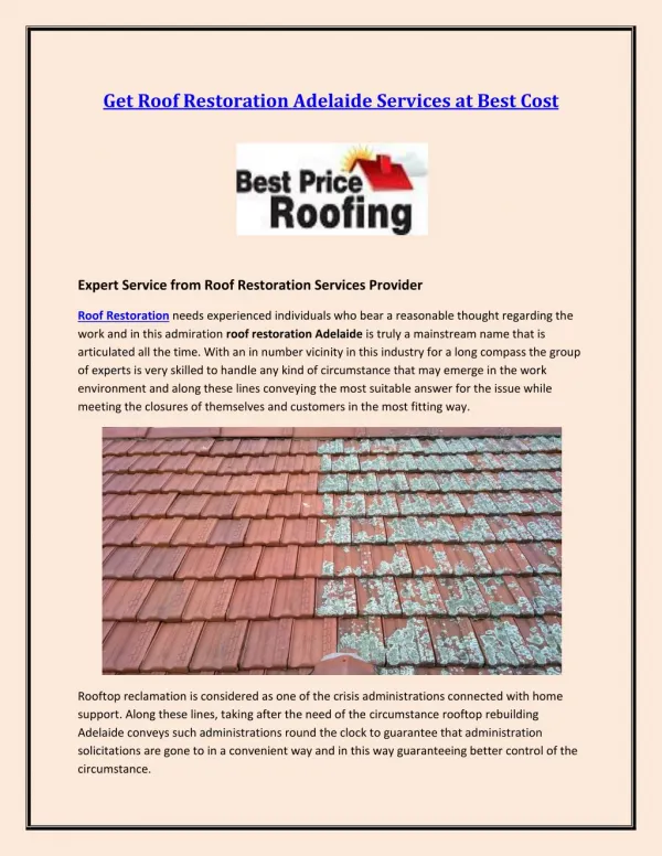 Get Roof Restoration Adelaide Services at Best Cost