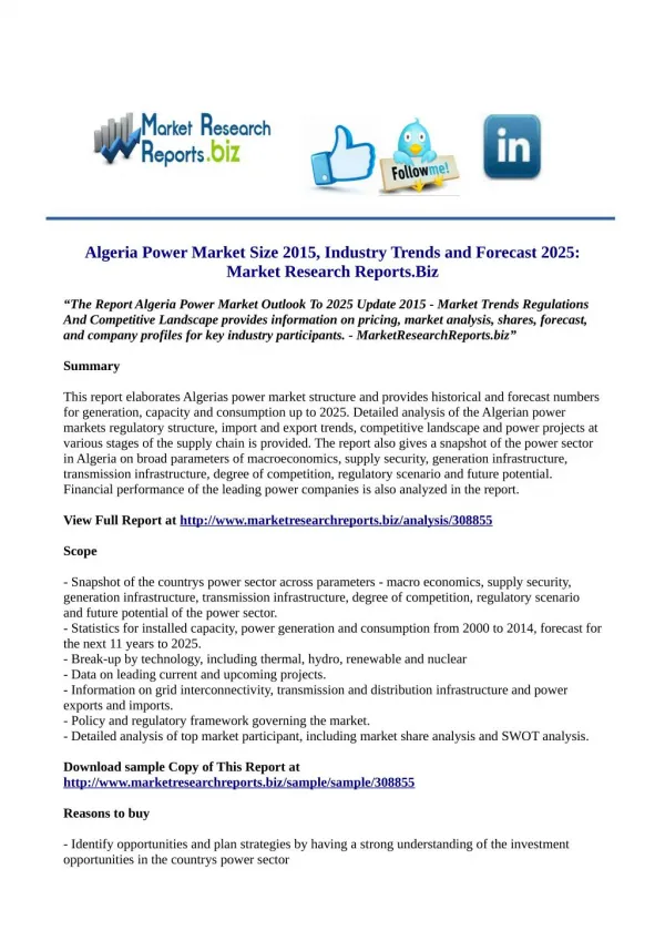 Algeria Power Market Size 2015, Industry Trends and Forecast 2025: Market Research Reports.Biz
