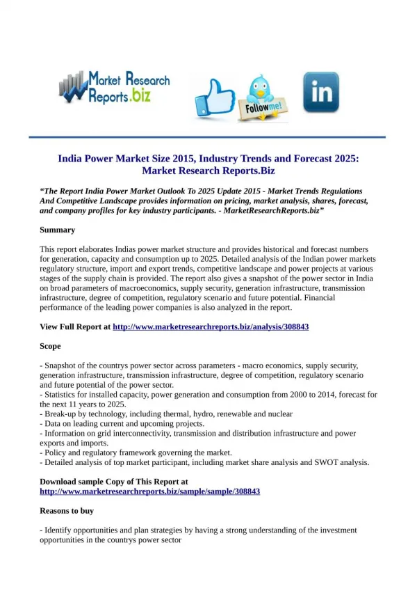 India Power Market Outlook To 2025 Update 2015 - : Worldwide Industry Share, Investment Trends, Growth, Size, Strategy A