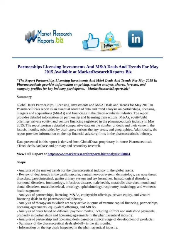 Partnerships Licensing Investments And M&A Deals And Trends For May 2015 Market Analysis & Forecast