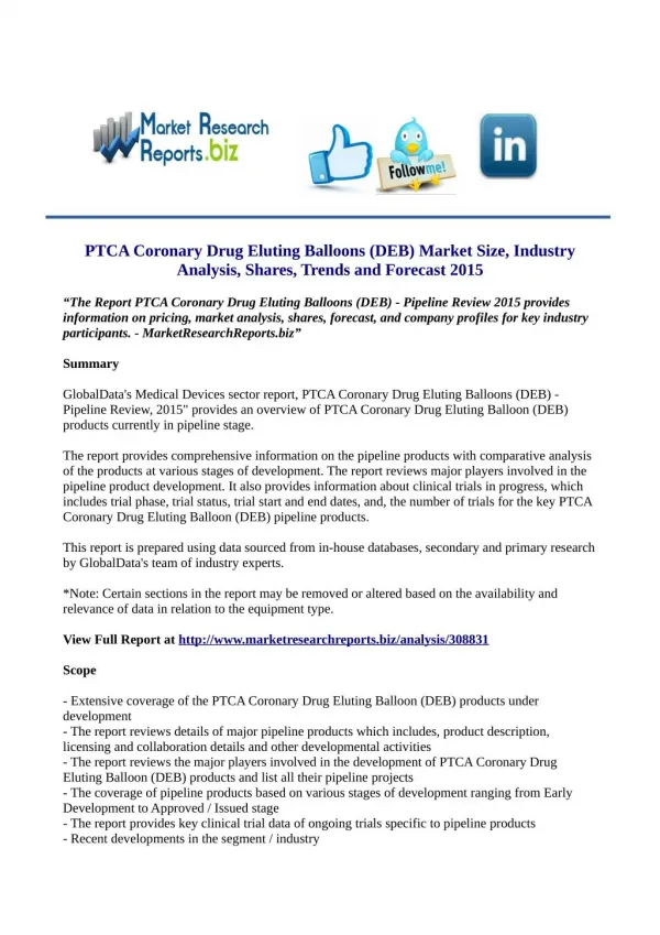 PTCA Coronary Drug Eluting Balloons (DEB) Market Analysis 2015