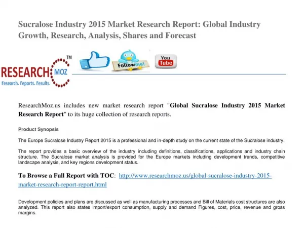 Global Sucralose Industry 2015 Market Research Report