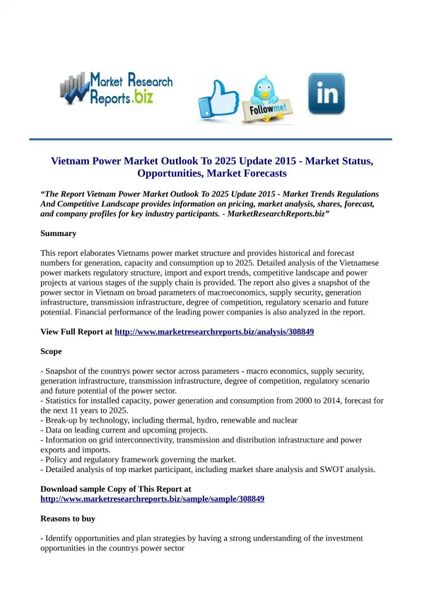 Vietnam Power Market Outlook To 2025 Update 2015 Market Research Report