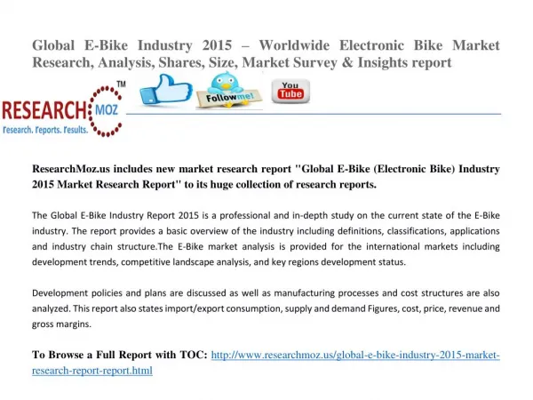 Global E-Bike Industry 2015 – Worldwide Electronic Bike Market Research, Analysis, Shares, Size, Market Survey & Insight
