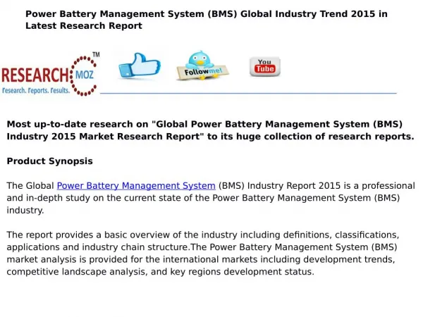 Global Power Battery Management System (BMS) Industry 2015 Market Research Report
