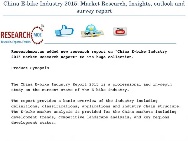 China E-bike Industry 2015: Market Research, Insights, outlook and survey report