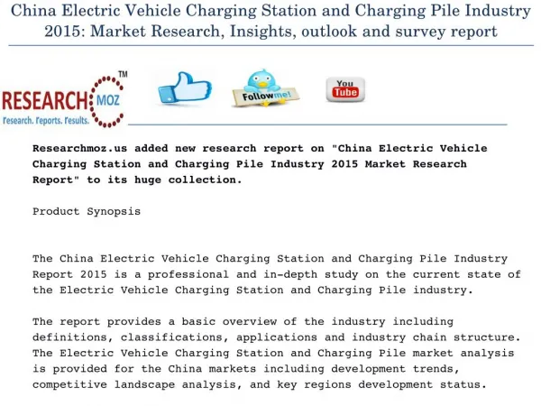 China Electric Vehicle Charging Station and Charging Pile Industry 2015 | Researchmoz.us