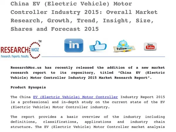 China EV (Electric Vehicle) Motor Controller Industry 2015: Overall Market Research, Growth, Trend, Insight, Size, Share