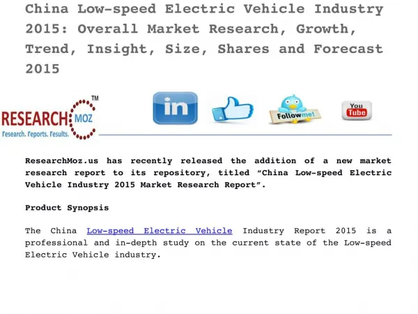 China Low-speed Electric Vehicle Industry 2015 Market Research Report