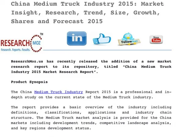 China Medium Truck Industry 2015 Market Research Report