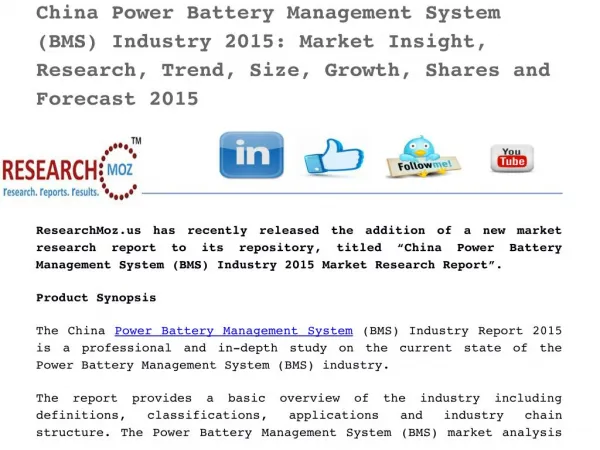 China Power Battery Management System (BMS) Industry 2015 Market Research Report