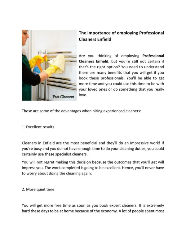 The importance of employing Professional Cleaners Enfield