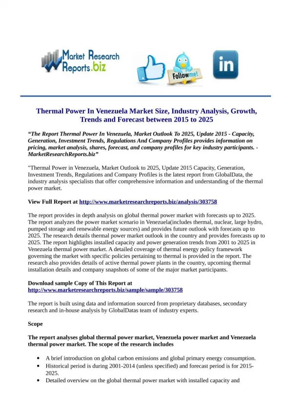 Thermal Power In Venezuela, Market Outlook To 2025, Update 2015 Research Report