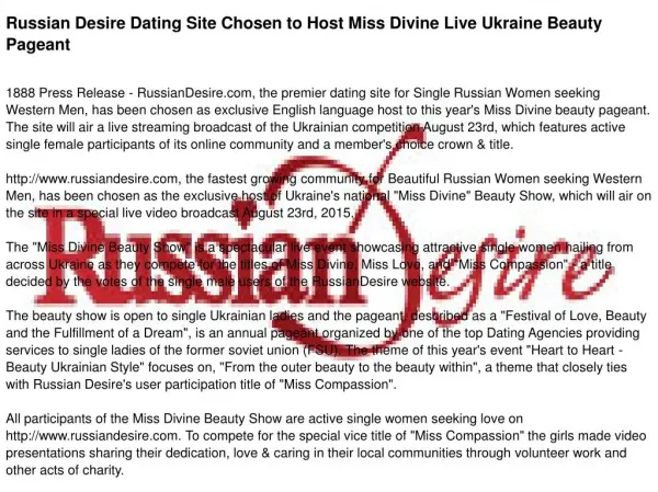 Russian Desire Dating Site Chosen to Host Miss Divine Live Ukraine Beauty Pageant