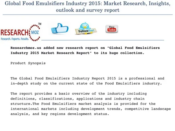 New Release | Global Food Emulsifiers Industry 2015 Market Research Report