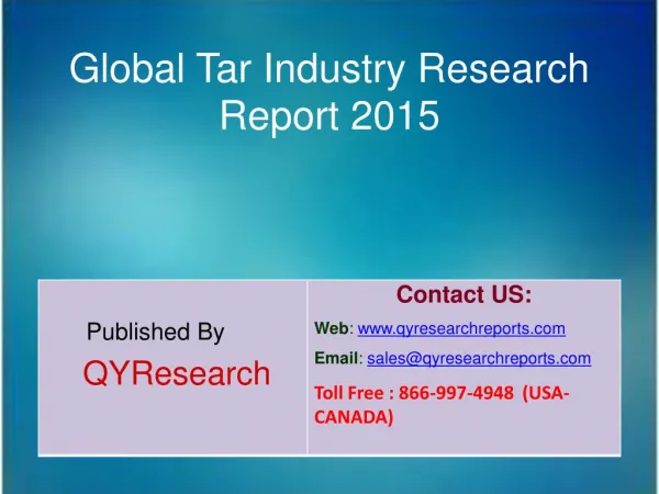 Global Tar Industry 2015 Market Size, Growth, Insights, Shares, Analysis, Research, Trends, Forecasts and Overview