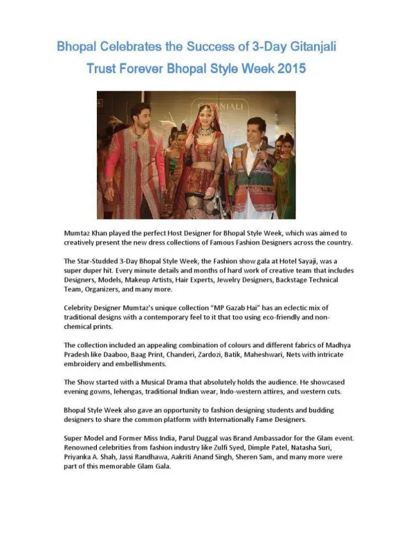 Bhopal Celebrates the Success of 3-Day Gitanjali Trust Forever Bhopal Style Week 2015