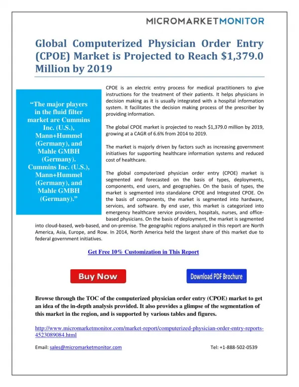 Global Computerized Physician Order Entry (CPOE) Market is Projected to Reach $1,379.0 Million by 2019