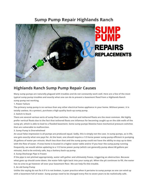 Sump Pump Repair Highlands Ranch