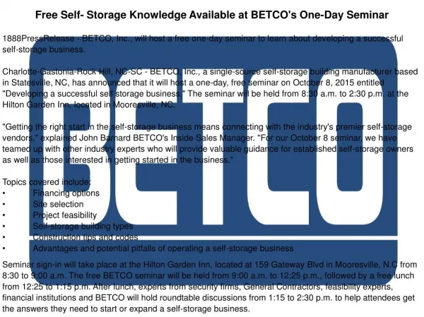 Free Self- Storage Knowledge Available at BETCO's One-Day Seminar