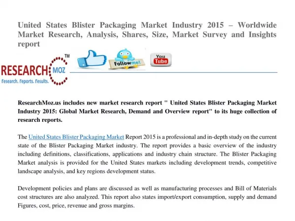 United States Blister Packaging Market Industry 2015 – Worldwide Market Research, Analysis, Shares, Size, Market Survey