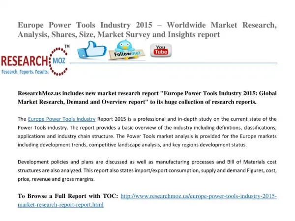 Europe Power Tools Industry 2015 Market Research Report