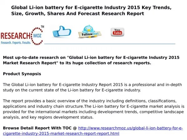 Global Li-ion battery for E-cigarette Industry 2015 Market Research Report