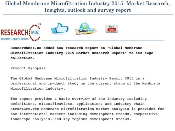 Global Membrane Microfiltration Industry 2015 Market Research Report