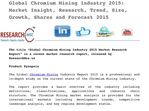 Global Chromium Mining Industry 2015: Market Insight, Research, Trend, Size, Growth, Shares and Forecast 2015