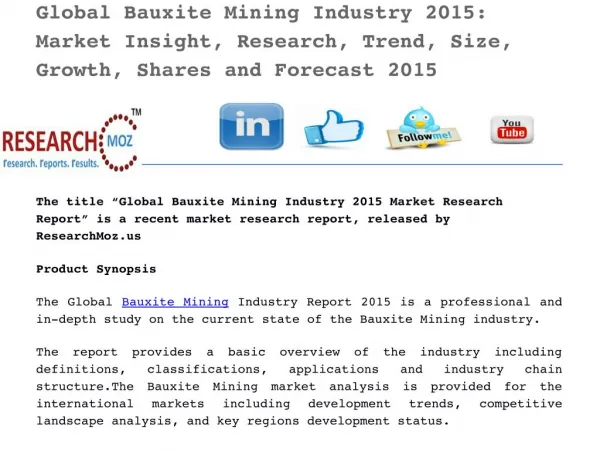 Global Bauxite Mining Industry 2015: Market Insight, Research, Trend, Size, Growth, Shares and Forecast 2015