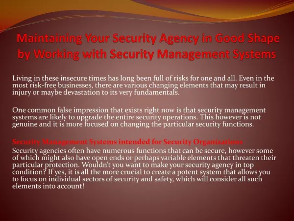 Maintaining Your Security Agency in Good Shape by Working with Security Management Systems