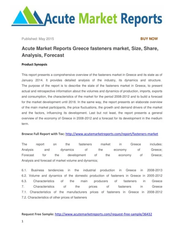 Acute Market Reports Greece fasteners market, Size, Share, Analysis, Forecast