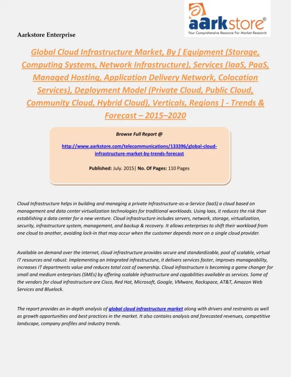 Global Cloud Infrastructure Market By Equipment, Services, Deployment Model, Verticals, Regions Trends & Forecast – 2015