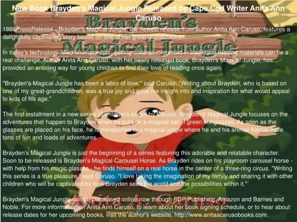 New Book Brayden's Magical Jungle Released by Cape Cod Writer Anita Ann Caruso