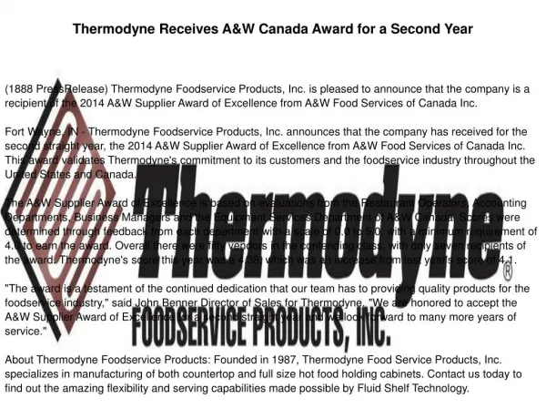 Thermodyne Receives A&W Canada Award for a Second Year