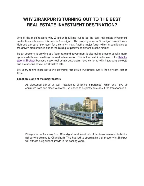 Reasons to invest for Residential Apartments in Zirakpur
