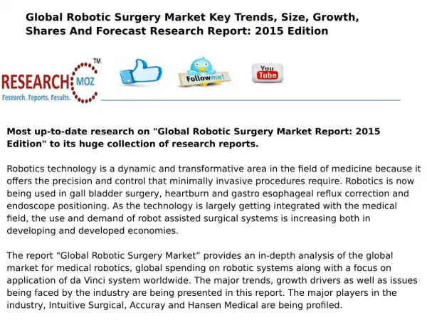 Global Robotic Surgery Market Report: 2015 Edition