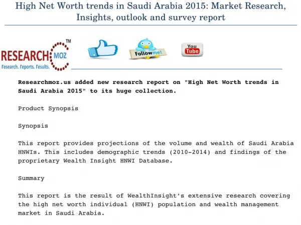 High Net Worth trends in Saudi Arabia 2015: Market Research, Insights, outlook and survey report
