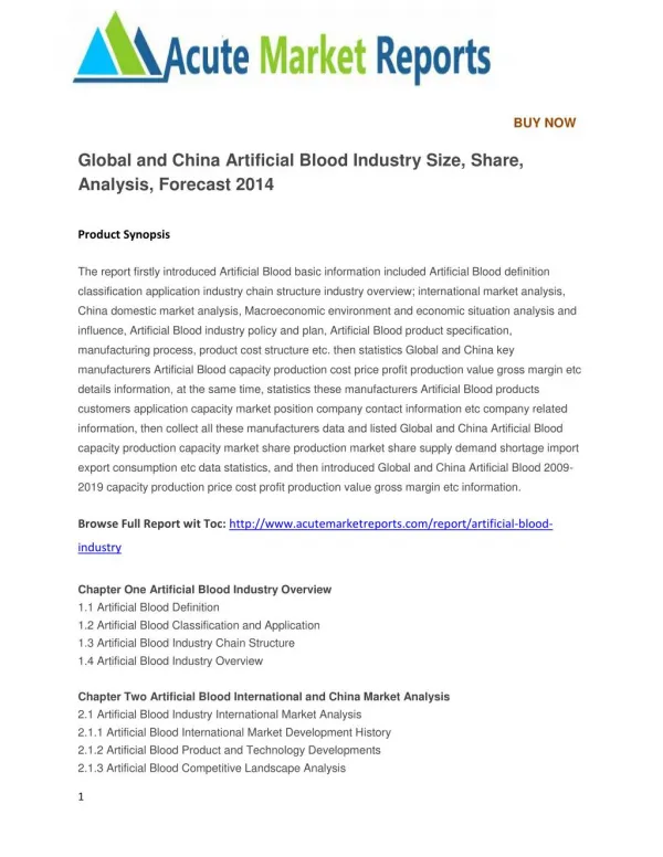 Global and China Artificial Blood Industry Size, Share, Analysis, Forecast 2014