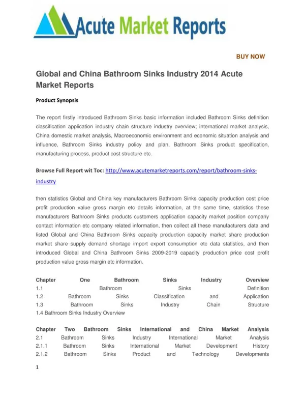 Global and China Bathroom Sinks Industry 2014 Acute Market Reports