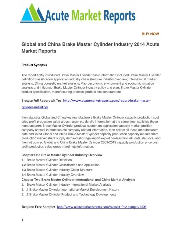 Global and China Brake Master Cylinder Industry 2014 Acute Market Reports