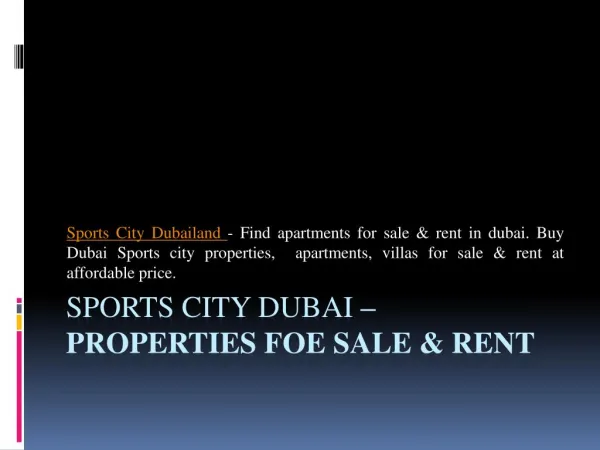 Sports City Dubai – Properties Foe Sale & Rent