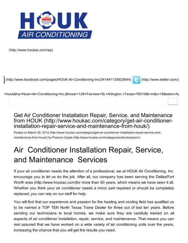 Get Air Conditioner Installation Repair, Service, and Maintenance from HOUK