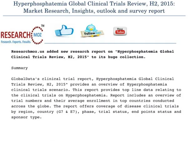 Hyperphosphatemia Global Clinical Trials Review, H2, 2015: Market Research, Insights, outlook and survey report